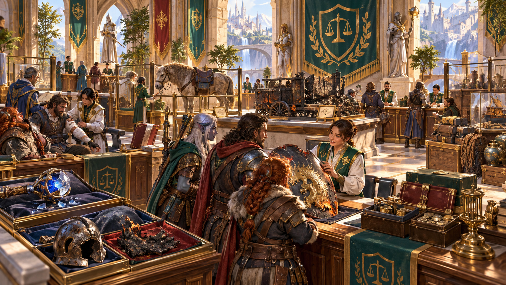 Illustration of adventurers receiving claims help beside damaged equipment and a wagon