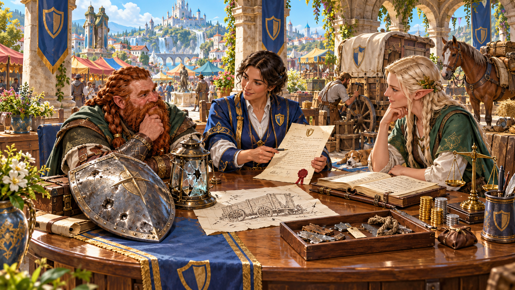 Illustration of adventurers discussing a policy with an adviser beside armour a mount and cargo